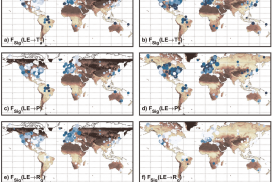 Six panels of maps showing fraction of significant surface to atmosphere interactions