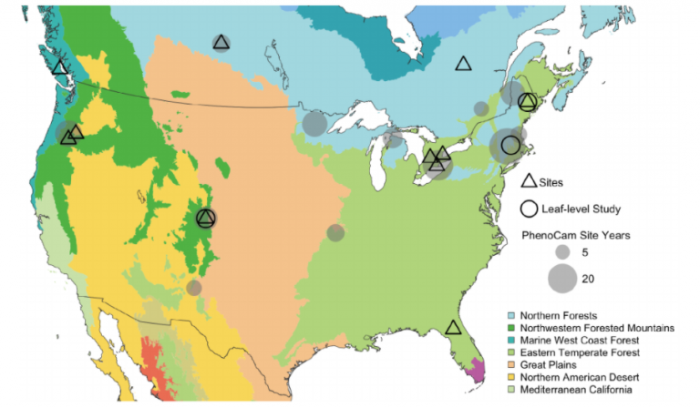 Map showing North American forest types and phenocam sites