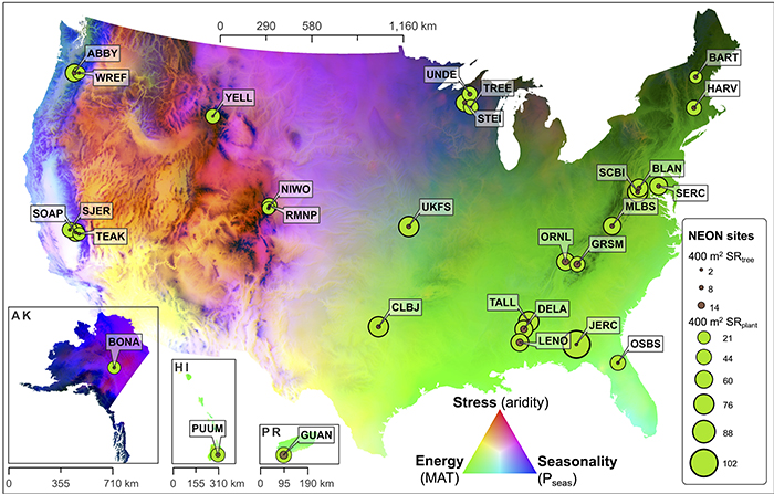 Map of the USA showing stress, seasonality, and mean annual temperature along with NEON site locations