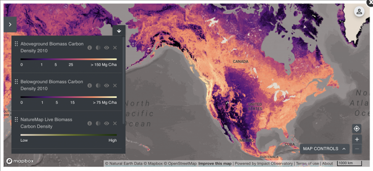 Map of North America with heat map of above- and belowground biomass carbon density 2010